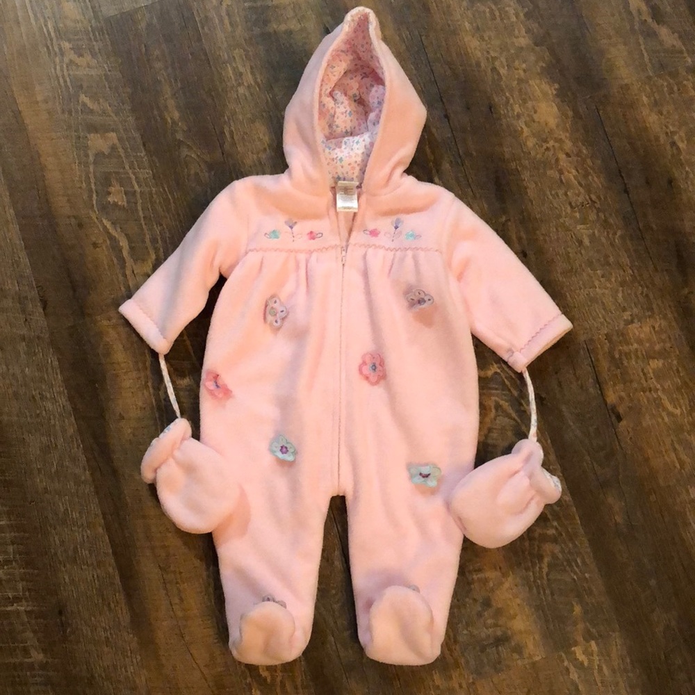 Fleece Floral Baby Snowsuit with detachable mittens